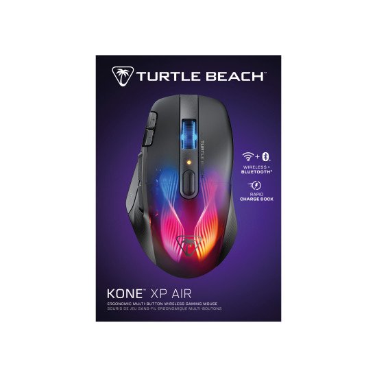 Turtle Beach Kone XP Air - Souris gaming RGB ergonomique, personnalisable et sans fil, Bluetooth, capteur optique 19 000 DPI, autonomie de batterie de 100 heures, station de charge, 29 entrées programmables, éclairage AIMO RGB, molette 4D Noir