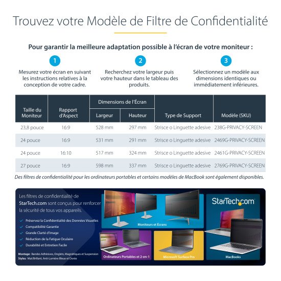 StarTech.com Filtre de Confidentialité pour Écran 24 pouces 16:10, Écran de Confidentialité Réversible Or, Filtre Anti Reflet pour Ordinateur Amélioré, Bouclier de Sécurité, +/- 30 Degrés