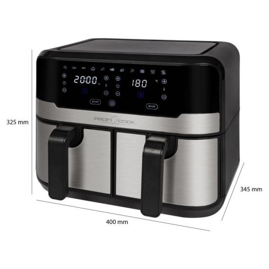 ProfiCook PC-FR 1242 H Double 9 L Autonome 2400 W Friteuse d'air chaud Noir, Acier inoxydable