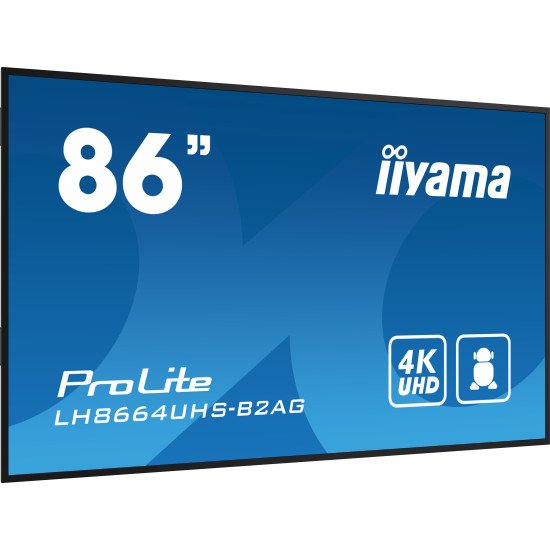 iiyama LH8664UHS-B2AG affichage de messages Écran plat de signalisation numérique 2,18 m (86") Wifi 500 cd/m² 4K Ultra HD Noir Intégré dans le processeur Android 24/7