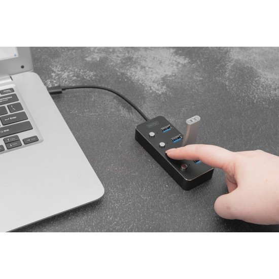 Digitus Hub USB 3.0, 4 ports, commutable, boîtier aluminium