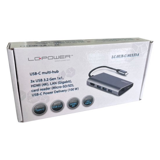 LC-Power LC-HUB-C-MULTI-5 station d'accueil Avec fil USB 3.2 Gen 1 (3.1 Gen 1) Type-C Anthracite, Noir