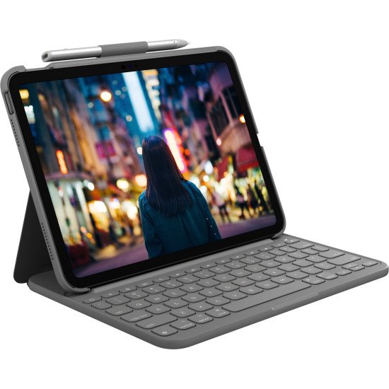 Logitech Slim Folio QWERTY Danois, Finlandais, Norvégien, Suédois Bluetooth Gris