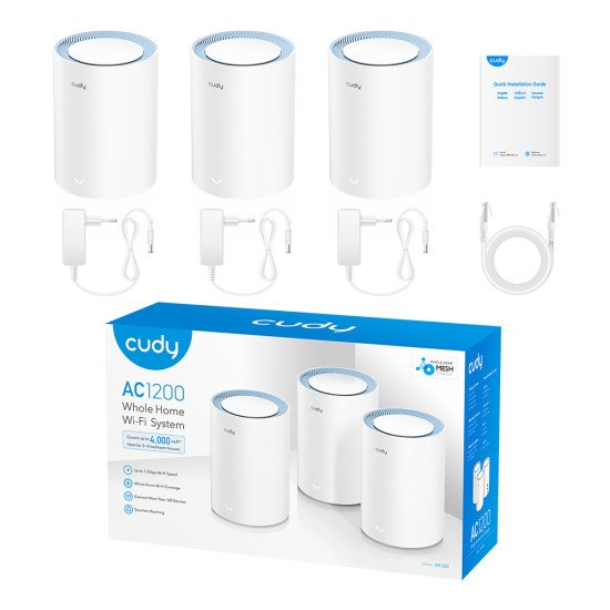 Cudy M1200 3-PACK système Wi-Fi maillé Bi-bande (2,4 GHz / 5 GHz) Wi-Fi 5 (802.11ac) Blanc 1 Interne