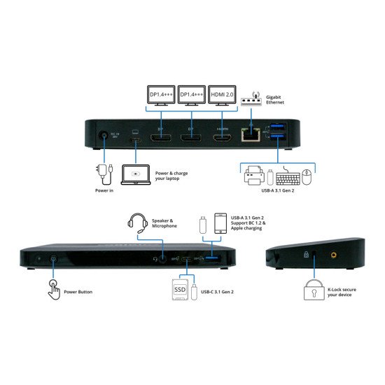 Origin Storage 40AY0090UK-OS station d'accueil USB 3.2 Gen 1 (3.1 Gen 1) Type-C Noir