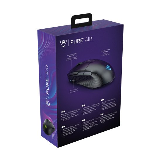 Turtle Beach Pure Air - Souris de gaming RGB ergonomique sans fil ultra-légère, capteur optique 26 000 PPP, batterie 125 heures, double système sans fil, interrupteurs optiques TITAN, Bluetooth, éclairage RGB. Semi-translucide noir