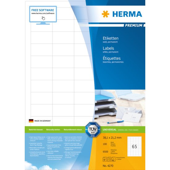 HERMA Étiquettes Premium A4 38.1x21.2 mm, blanches, papier mat, 6500 pcs