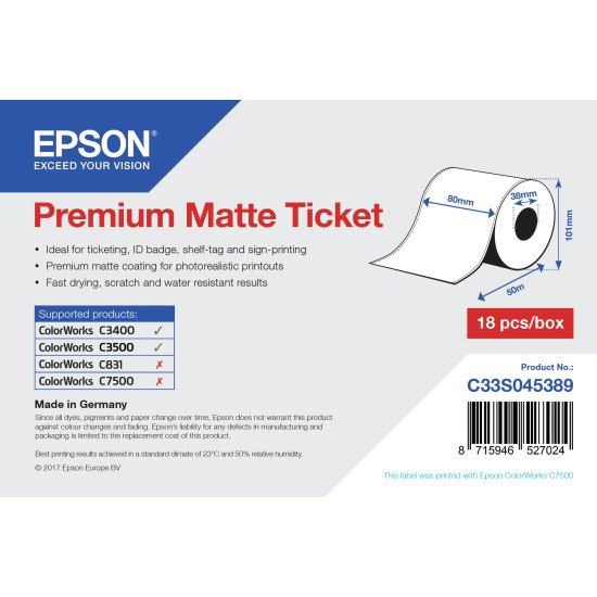 Epson Rouleau d'étiquettes Premium Matte 80mm x 50mm pour TM-C3400