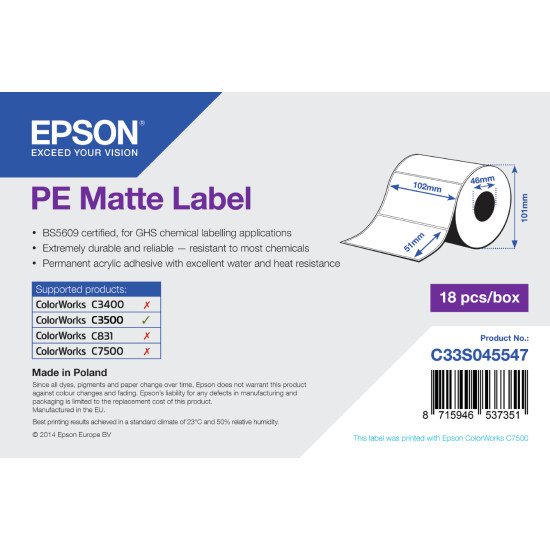 Epson PE Matte Label - Die-cut Roll: 102mm x 51mm, 535 labels