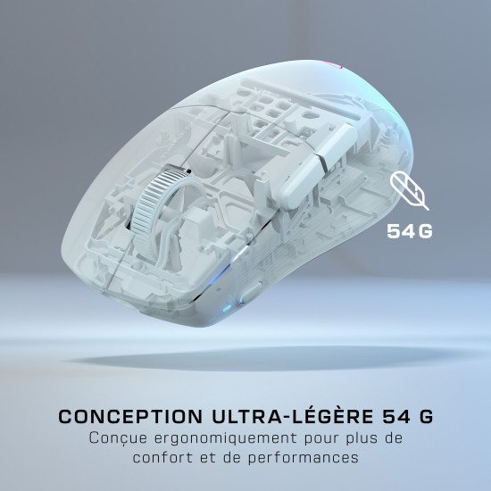 Turtle Beach Pure Air - Souris de gaming RGB ergonomique sans fil ultra-légère, capteur optique 26 000 PPP, batterie 125 heures, double système sans fil, interrupteurs optiques TITAN, Bluetooth, éclairage RGB. Semi-translucide blanc