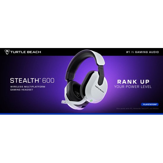 Turtle Beach Casque gaming amplifié multiplateforme sans fil Stealth 600 pour PS5, PS4, PC, Nintendo Switch et mobile - Bluetooth, 80 heures de batterie, microphone antibruit désactivable par basculement et écouteurs de 50 mm - Blanc