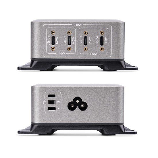 StarTech.com Chargeur USB-C Multi-Appareils à 4 Ports, 240 W au Total, Port Unique 140 W EPR, PD 3.1, Ports de Verrouillage à Vis, Salles de Réunion, Support Inclus pour le Montage en Surface