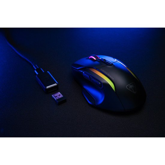 Turtle Beach Kone II Air - Souris gaming RGB ergonomique sans fil, batterie 350 h, capteur optique 26 000 DPI, interrupteurs optiques 100 M de clics, 21 entrées personnalisables, molette 4D Free-Spin - Noir cendre