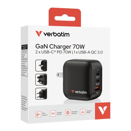 Verbatim Mini GaN Charger 70W Universel Noir Secteur Charge rapide Intérieure