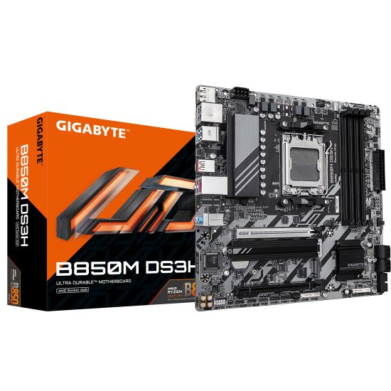 GIGABYTE B850M DS3H Carte Mère - Processeurs AMD Ryzen Série 9000, 16+2+2 phases VRM numériques, jusqu'à 8200MHz DDR5 (OC), 1xPCIe 5.0 + 1xPCIe 4.0 M.2, LAN 2.5, USB 3.2 Gen 2