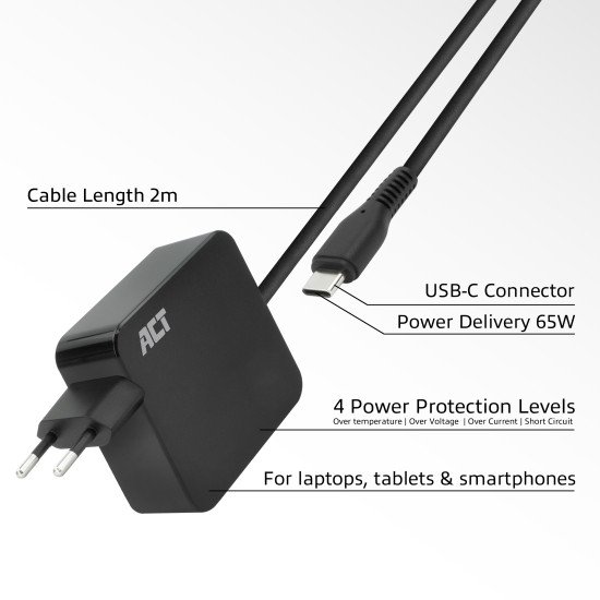 ACT AC2010 chargeur d'appareils mobiles Ordinateur portable, Smartphone, Tablette Noir Secteur Charge rapide Intérieure