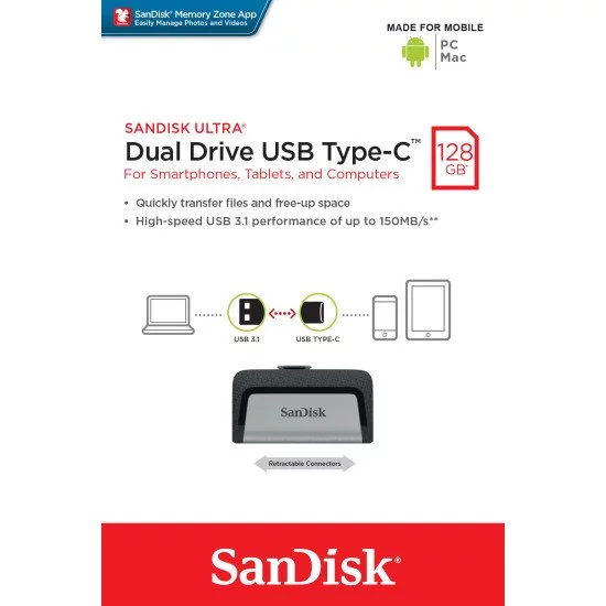 Sandisk Ultra Dual Drive • USB Type-C / USB Type-A • 128 Go • Noir, Argent
