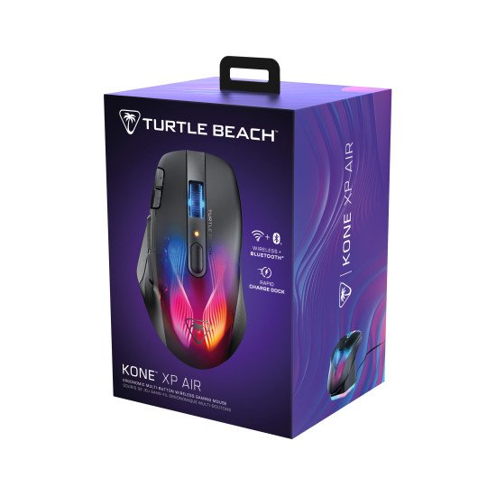 Turtle Beach Kone XP Air - Souris gaming RGB ergonomique, personnalisable et sans fil, Bluetooth, capteur optique 19 000 DPI, autonomie de batterie de 100 heures, station de charge, 29 entrées programmables, éclairage AIMO RGB, molette 4D Noir