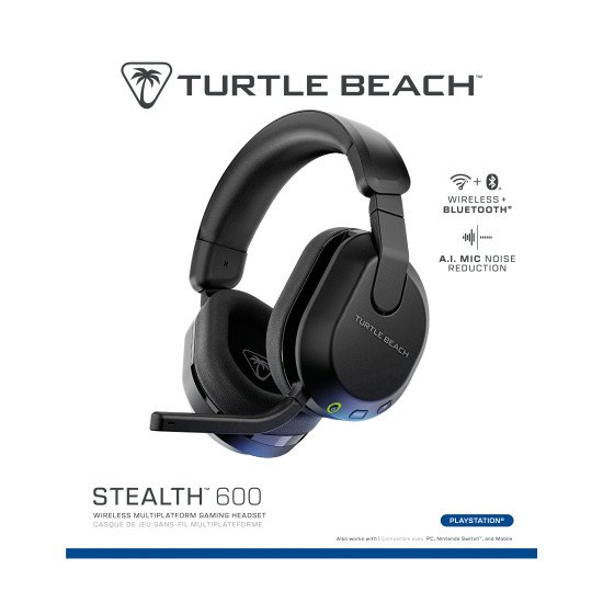 Turtle Beach Casque gaming amplifié multiplateforme sans fil Stealth 600 pour PS5, PS4, PC, Nintendo Switch et mobile - Bluetooth, 80 heures de batterie, microphone antibruit désactivable par basculement et écouteurs de 50 mm - Noir