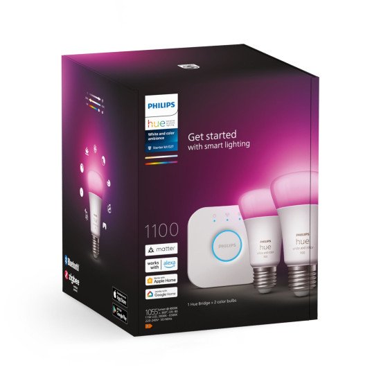 Philips Hue White and Color ambiance Kit de démarrage : 2 ampoules connectées E27 (1100)