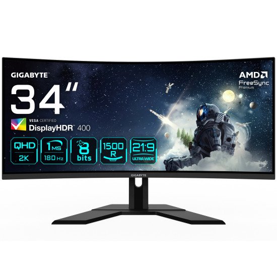 GIGABYTE G34WQCP Moniteur de Jeu Incurvé UWQHD 34" - 3440 x 1440, 1500R, 180Hz, 1ms, 350 cd/m², AMD FreeSync Premium, DisplayHDR 400, HDMI 2.0, DisplayPort 1.4