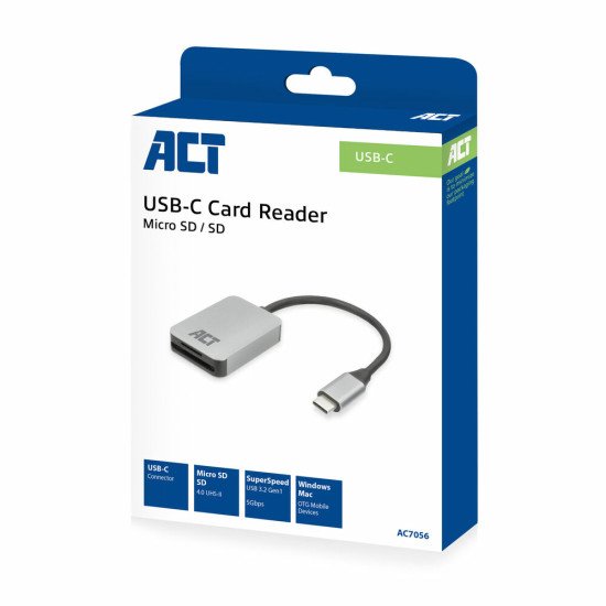 ACT AC7056 lecteur de carte mémoire USB 3.2 Gen 1 (3.1 Gen 1) Type-C Gris