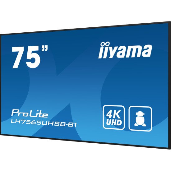 iiyama LH7565UHSB-B1 affichage de messages En forme de kiosk 189,2 cm (74.5") LED Wifi 800 cd/m² 4K Ultra HD Noir Intégré dans le processeur Android 11 24/7