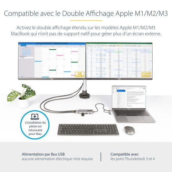 StarTech.com Adaptateur Multiport USB-C avec Dongle USB-C vers USB-A, Double HDMI (4K30Hz/1080p60Hz), 3x USB-A 5Gbps, Mini Station d'Accueil de Voyage, Dock/Station d'Accueil pour PC Portable, Câble de 40 cm