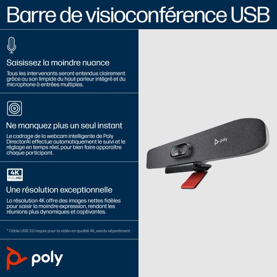 POLY Barre de visioconférence USB Studio R30 et télécommande BT avec station d'accueil HP USB-C G5 (ABB)