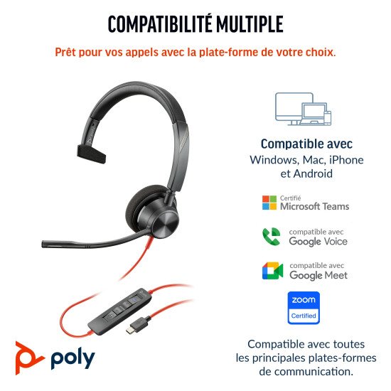 POLY Micro-casque Blackwire 3310 certifié Microsoft Teams avec adaptateur USB-C/A TAA