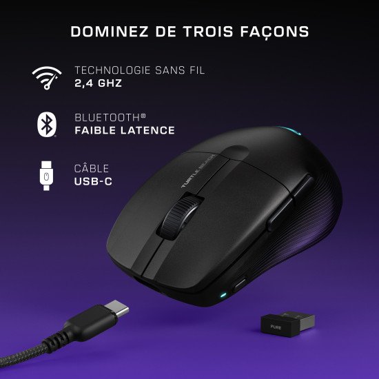 Turtle Beach Pure Air - Souris de gaming RGB ergonomique sans fil ultra-légère, capteur optique 26 000 PPP, batterie 125 heures, double système sans fil, interrupteurs optiques TITAN, Bluetooth, éclairage RGB. Semi-translucide noir