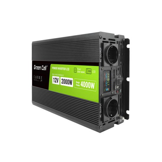 Green Cell Przetwornica napicia PowerInverter LCD 12 V 2000W/40000W Przetwornica samochodowa z wywietlaczem - czysty sinus adaptateur de puissance & onduleur Auto Noir