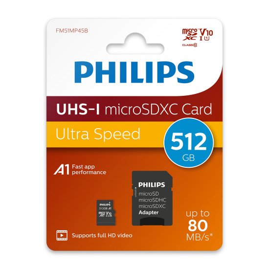 Philips MicroSDXC Card 256GB Class 10 UHS-I U1 incl. Adapter 512 Go MicroSDHC Classe 10