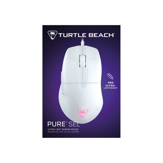 Turtle Beach Pure SEL - Souris gaming ergonomique ultralégère RGB, capteur optique DPI 8K, touches mécaniques, système de prétension, patins en PTFE pur, éclairage RGB Blanc