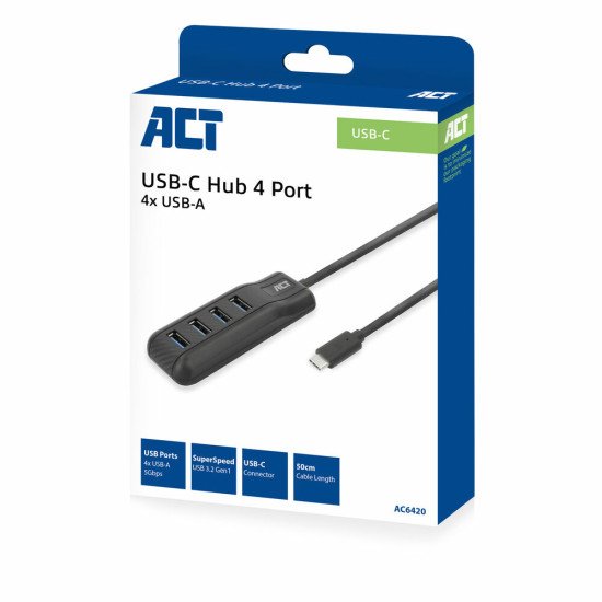 ACT AC6420 hub & concentrateur USB 3.2 Gen 1 (3.1 Gen 1) Type-C 5000 Mbit/s Noir