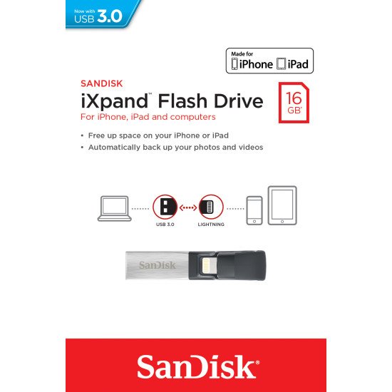 Sandisk iXpand lecteur USB flash 16 Go USB Type-A / Lightning 3.0 (3.1 Gen 1) Noir, Argent