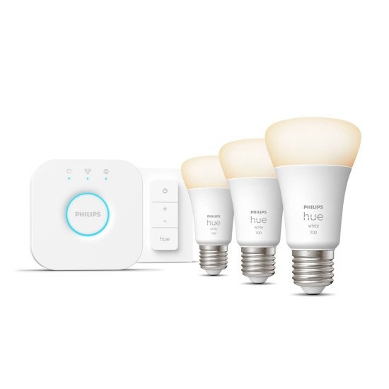 Philips Hue White Kit de démarrage : 3 ampoules connectées E27 (1100) + variateur