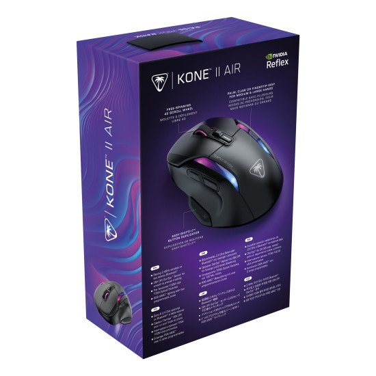 Turtle Beach Kone II Air - Souris gaming RGB ergonomique sans fil, batterie 350 h, capteur optique 26 000 DPI, interrupteurs optiques 100 M de clics, 21 entrées personnalisables, molette 4D Free-Spin - Noir cendre