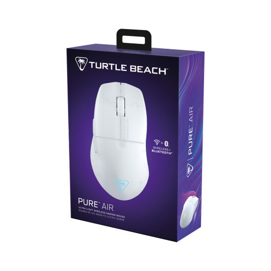 Turtle Beach Pure Air - Souris de gaming RGB ergonomique sans fil ultra-légère, capteur optique 26 000 PPP, batterie 125 heures, double système sans fil, interrupteurs optiques TITAN, Bluetooth, éclairage RGB. Semi-translucide blanc