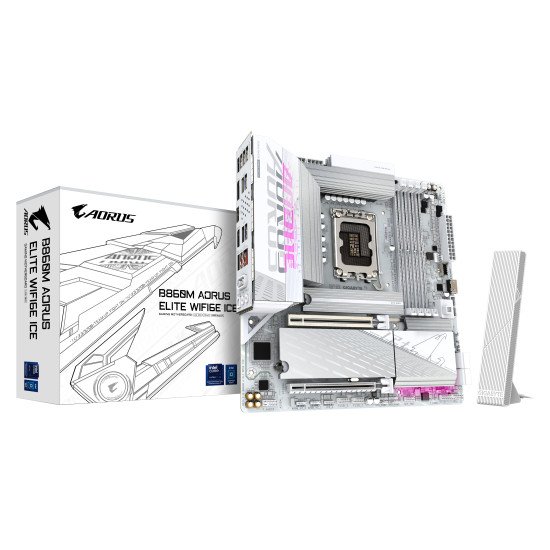 GIGABYTE B860M AORUS ELITE WF6E ICE Carte mère - Processeurs Intel Core Ultra, VRM 12+1+2+1 phases, jusqu'à 9200MHz DDR5, 1xPCIe 5.0 + 2xPCIe 4.0 M.2, LAN 2,5 GbE, WIFI 6E, USB 4