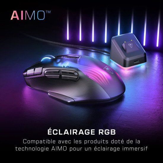 Turtle Beach Kone XP Air - Souris gaming RGB ergonomique, personnalisable et sans fil, Bluetooth, capteur optique 19 000 DPI, autonomie de batterie de 100 heures, station de charge, 29 entrées programmables, éclairage AIMO RGB, molette 4D Noir