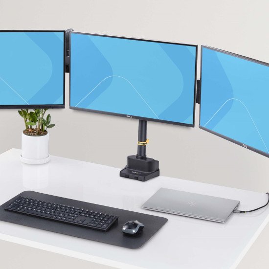 StarTech.com Support de Bureau pour 3 Écrans 27", VESA 75x75/100x100, Bras Articulé Réglable sans Outils, Pince en C/Passe-Fil, Support d'Écrans 27 pouces, Bras pour Moniteur Assisté par Ressort