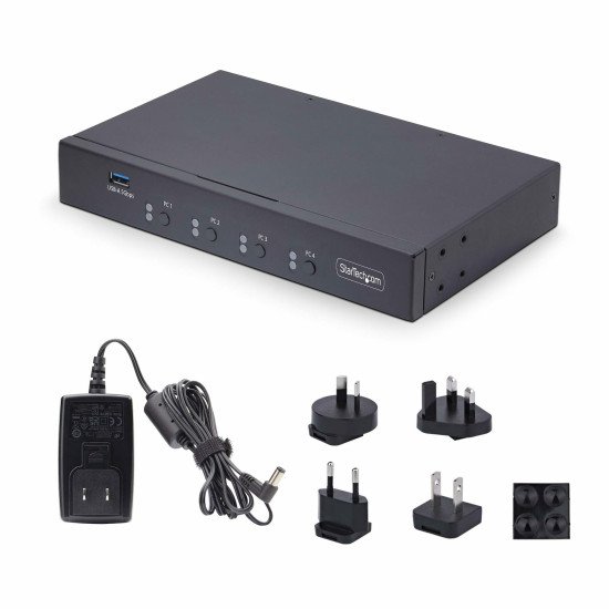 StarTech.com Switch KM à 4 Ports avec Itinérance de la Souris, Commutateur USB pour Clavier/Souris, Audio 3.5mm/ USB, Commutateur USB 3.0, Partage Périphérique pour 4 Ordinateurs, Conforme TAA