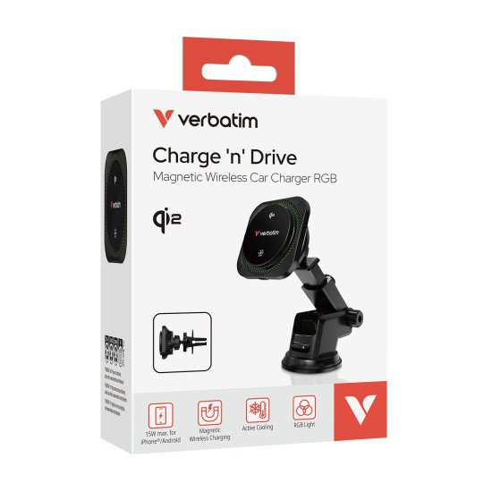 Verbatim Charge 'n' Drive Qi2 RGB Smartphone Noir USB Recharge sans fil Charge rapide Auto