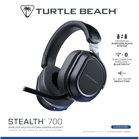 Turtle Beach Casque gaming amplifié multiplateforme sans fil Stealth 700 pour PS5, PS4, PC et mobile - Haut-parleurs 60 mm, microphone avec isolation acoustique par l'IA, Bluetooth, autonomie 80 heures, deux émetteurs - Noir