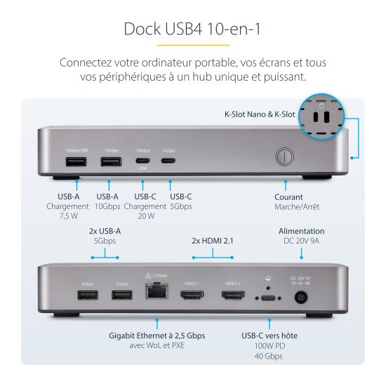 StarTech.com Station d'Accueil USB4, USB-C 40Gbps, Double Vidéo HDMI, Jusqu'à 2x 4K 60Hz 4:4:4 (RGB) ou 2x 4K 120Hz 4:2:2, Dock Multi-Moniteur, 6x USB, 2.5GbE, 100W PD