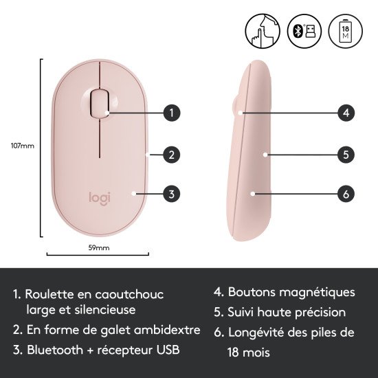 Logitech Pebble M350 souris RF Sans fil + Bluetooth Optique 1000 DPI Ambidextre