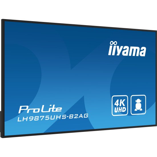 iiyama LH9875UHS-B2AG affichage de messages Écran plat de signalisation numérique 2,48 m (97.5") LED Wifi 500 cd/m² 4K Ultra HD Noir Intégré dans le processeur Android 11 24/7