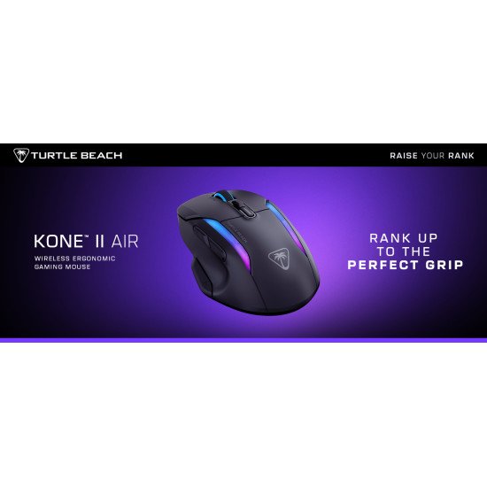 Turtle Beach Kone II Air - Souris gaming RGB ergonomique sans fil, batterie 350 h, capteur optique 26 000 DPI, interrupteurs optiques 100 M de clics, 21 entrées personnalisables, molette 4D Free-Spin - Noir cendre