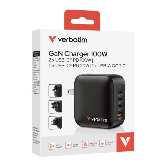 Verbatim Mini GaN Charger 100W Universel Noir Secteur Charge rapide Intérieure